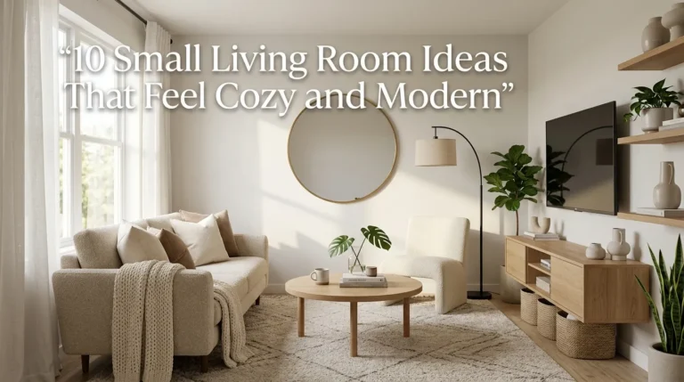 Image Description: Small living room featuring modern wood panel accent wall, stylish sofa, minimalist décor, warm colors, artwork, contemporary design details, realistic magazine-style interior photography.